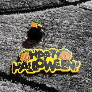 VINTAGE HAPPY HALLOWEEN WIRE BLACK POMPOM SPIDER PUMPKIN MAGNETS